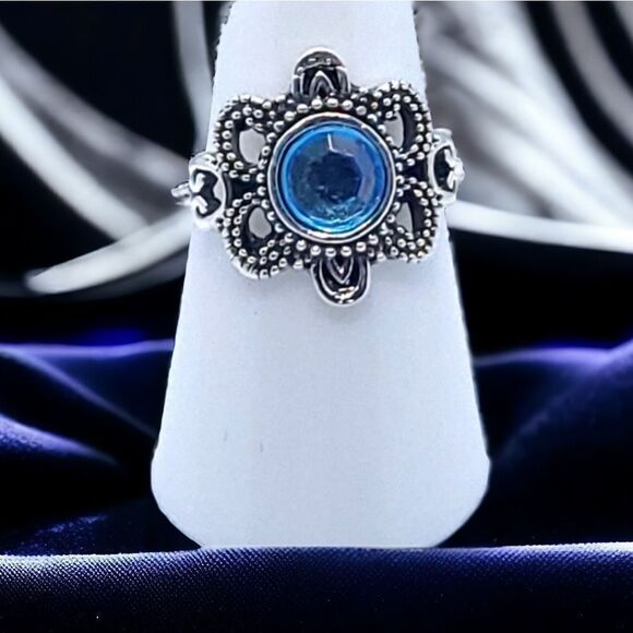 Boutique Jewelry - Aquamarine Blue Zircon Filagree Silver Ring Boho Stackable Blue Jeweled Jewelry